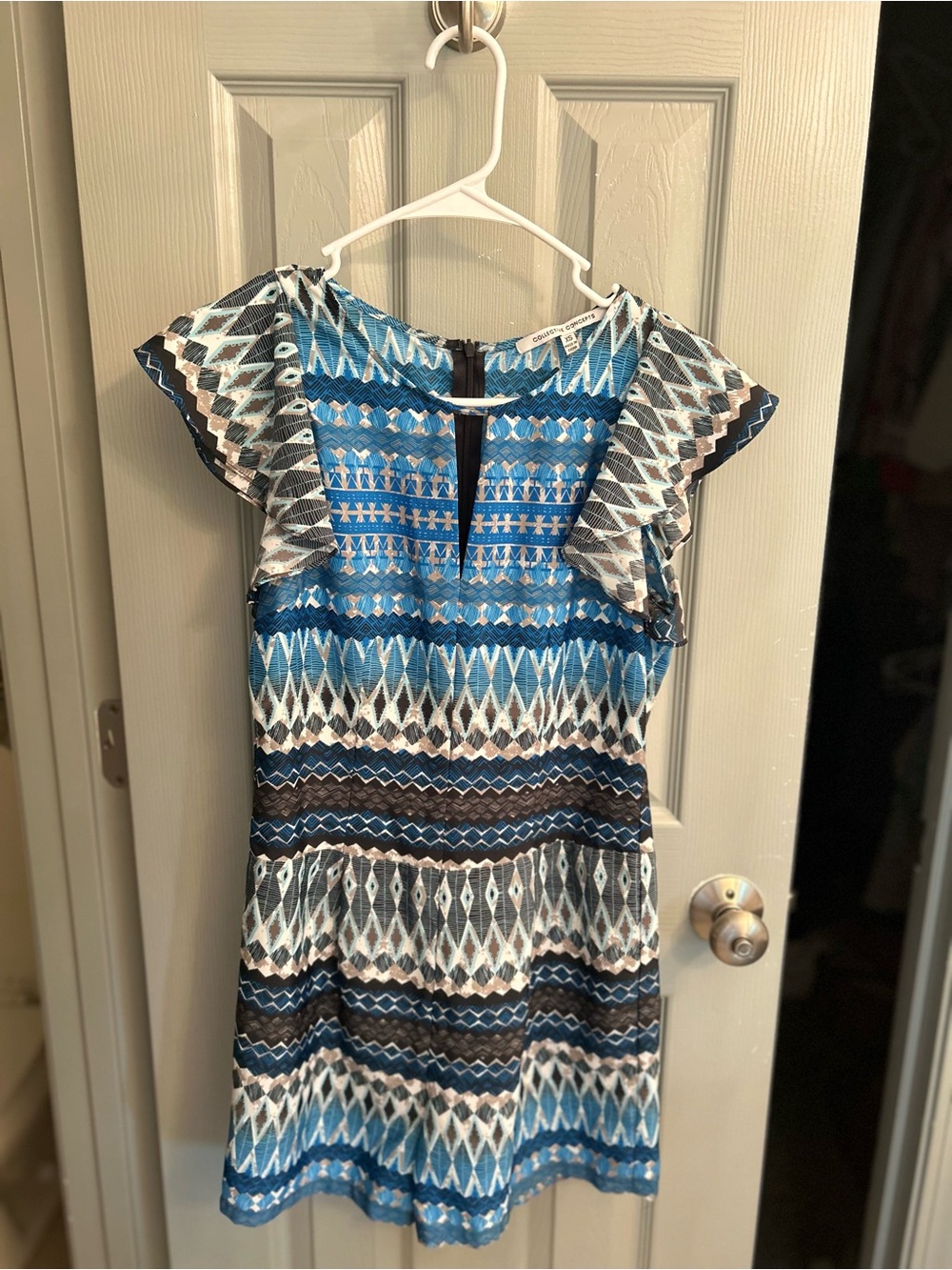 Blue Patterned Flutter Sleeve Women's Dress